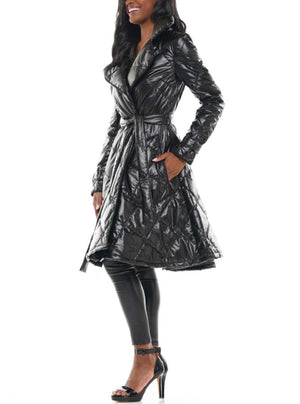 Justin Faux Patent Quilted Trench Black